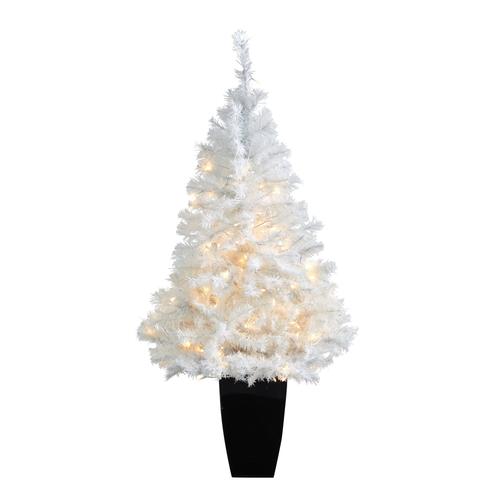 50" White Artificial Christmas Tree with 100 Clear LED Lights in Black Metal Planter