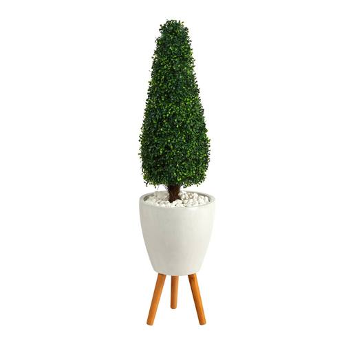 51" Boxwood Tower Artificial Topiary Tree in White Planter with Stand UV Resistant (Indoor/Outdoor)