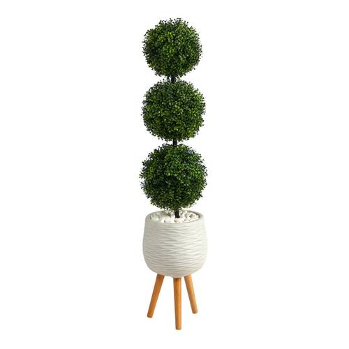 51" Boxwood Triple Ball Topiary Artificial Tree in White Planter with Stand (Indoor/Outdoor