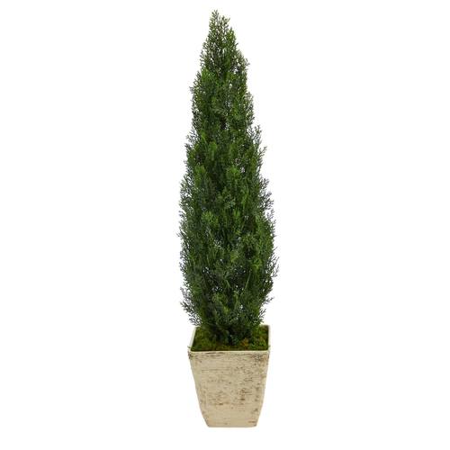 51" Cedar Artificial Tree in Country White Planter (Indoor/Outdoor)