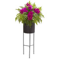 52" Phalaenopsis Orchid and Hares Foot Fern Artificial Plant in Stand Black Planter