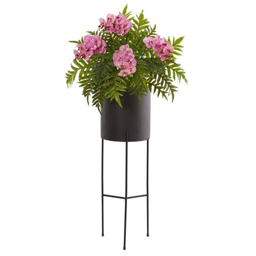 52" Phalaenopsis Orchid and Hares Foot Fern Artificial Plant in Stand Black Planter
