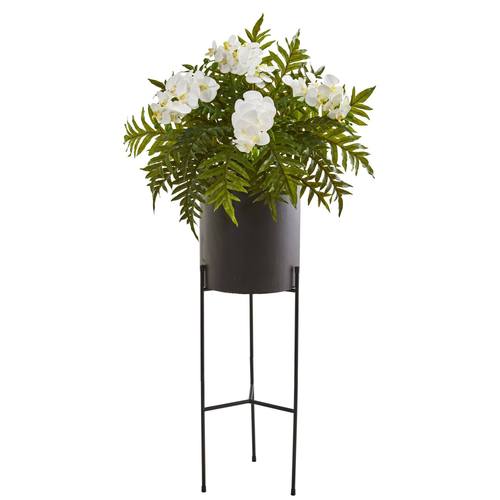 52" Phalaenopsis Orchid and Hares Foot Fern Artificial Plant in Stand Black Planter