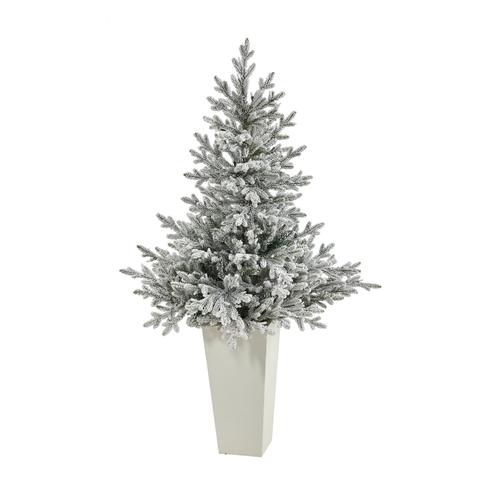 57" Flocked Fraser Fir Artificial Christmas Tree with 300 Warm White Lights and 967 Bendable Branches in Tower Planter