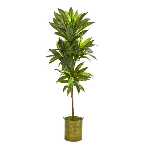 58" Dracaena Artificial Plant in Green Metal Planter (Real Touch)