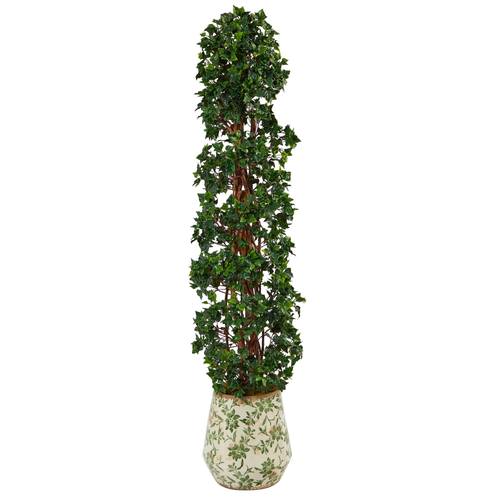 58" English Ivy Topiary Spiral Artificial Tree in Floral Print Planter UV Resistant (Indoor/Outdoor)