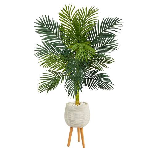 58" Golden Cane Artificial Palm Tree in White Planter with Stand
