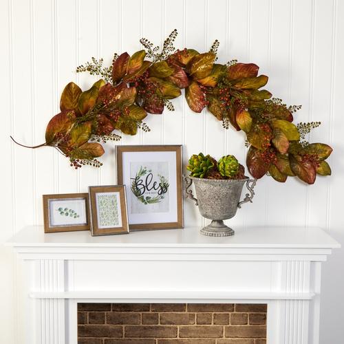 6'Autumn Magnolia Leaf and Berries Artificial Garland