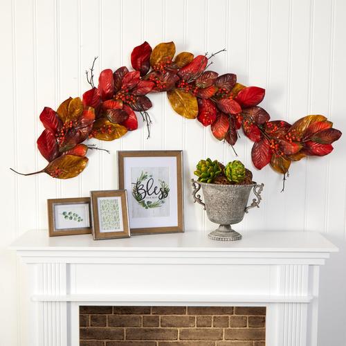 6'Autumn Magnolia Leaf with Berries Artificial Garland