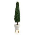 6'Boxwood Topiary Artificial Tree in White Planter with Stand UV Resistant (Indoor/Outdoor)