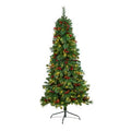 6'Flat Back Montreal Mountain Pine Artificial Christmas Tree with Pinecones, Berries and 150 Warm White LED Lights and 359 Bendable Branches