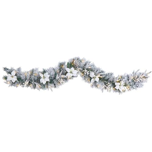 6'Flocked Poinsettia and Berry Artificial Christmas Garland with 50 Warm White LED Lights
