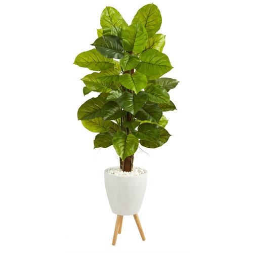 60" Large Leaf Philodendron Artificial Plant in White Planter with Stand (Real Touch)