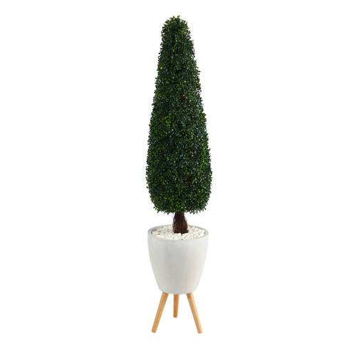 63" Boxwood Topiary Artificial Tree in White Planter with Stand UV Resistant (Indoor/Outdoor)