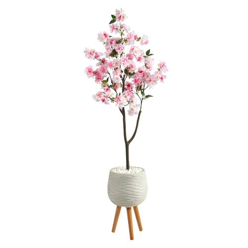 63" Cherry Blossom Artificial Tree in White Planter with Stand