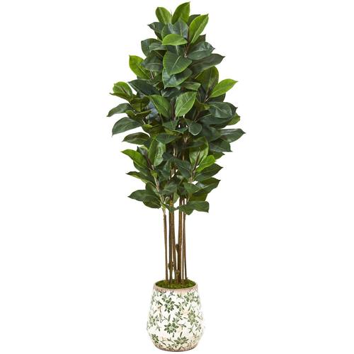 63" Rubber Leaf Artificial Tree in Floral Print Planter