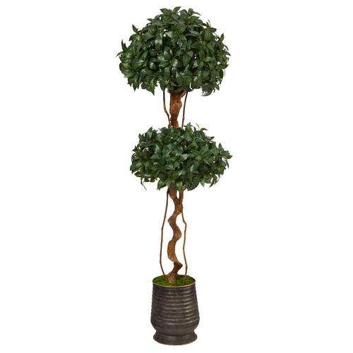 68" Sweet Bay Double Ball Topiary Artificial Tree in Ribbed Metal Planter