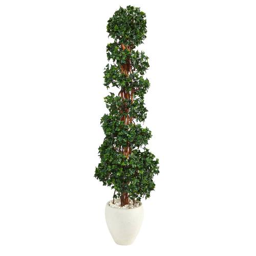 70" English Ivy Topiary Spiral Artificial Tree in White Planter UV Resistant (Indoor/Outdoor)