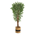 70" Variegated Ficus Artificial Tree in Handmade Natural Cotton Planter UV Resistant (Indoor/Outdoor)