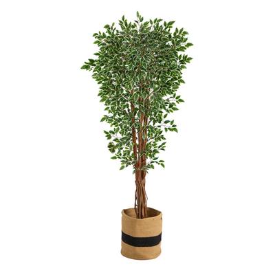 70" Variegated Ficus Artificial Tree in Handmade Natural Cotton Planter UV Resistant (Indoor/Outdoor)