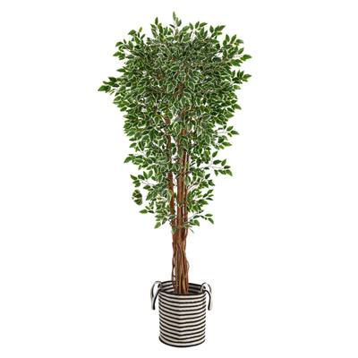 70" Variegated Ficus Artificial Tree in Handmade Black and White Natural Jute and Cotton Planter UV Resistant (Indoor/Outdoor)