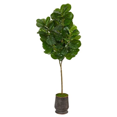 74" Fiddle leaf Fig Artificial Tree in Ribbed Metal Planter