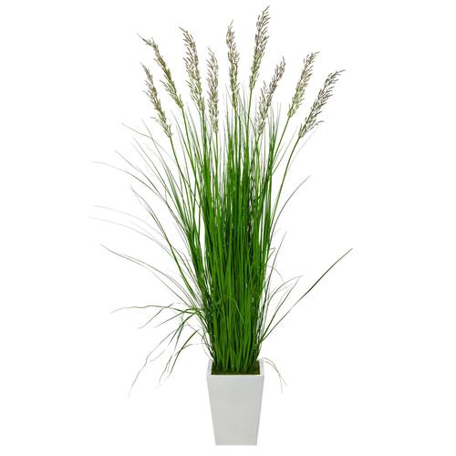 75" Grass Artificial Plant in White Metal Planter