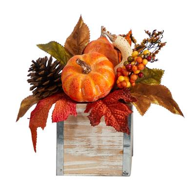 8" Fall Pumpkin, Gourd, Berries and Pinecones Artificial Autumn  Arrangement in Natural Washed Vase