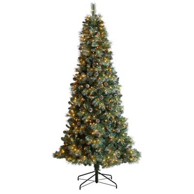 8'Frosted Tip British Columbia Mountain Pine Artificial Christmas Tree with 500 Clear Lights, Pine Cones and 1112 Bendable Branches