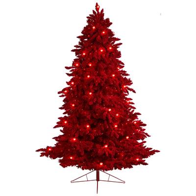 8' Red Flocked Fraser Fir Artificial Christmas Tree with 700 Red Lights, 45 Globe Bulbs and 1468 Bendable Branches