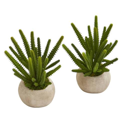 9" Finger Cactus Artificial Plant in Stone Planter (Set of 2)