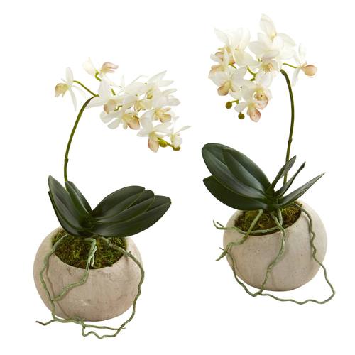 9" Mini Orchid Phalaenopsis Artificial Arrangement in Stone Vase (Set of 2)