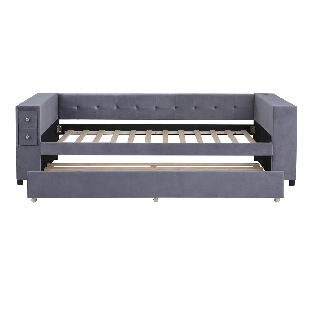 Upholstered Bed With Storage And Twin Trundle, USB Charging Ports