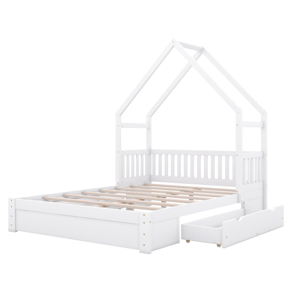 House Style Platform Bed With Guardrail And 2 Drawers