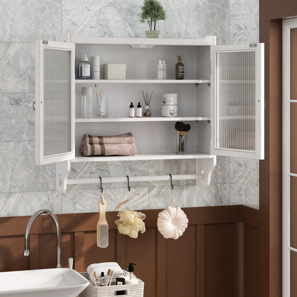 Vintage Double Door Wall Cabinet With Three Tiers Storage And Towel Rack - White Washed