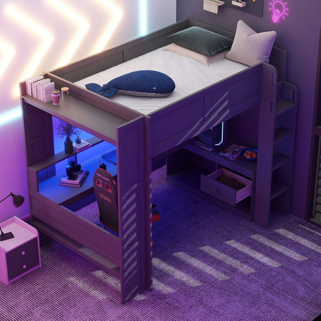 Gaming Loft Bed With Desk, Multi Storage Shelves, LED And Charging Station