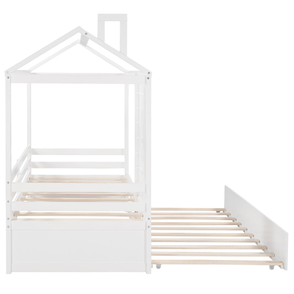 Twin Size Classic House Bed With Twin Size Trundle - White