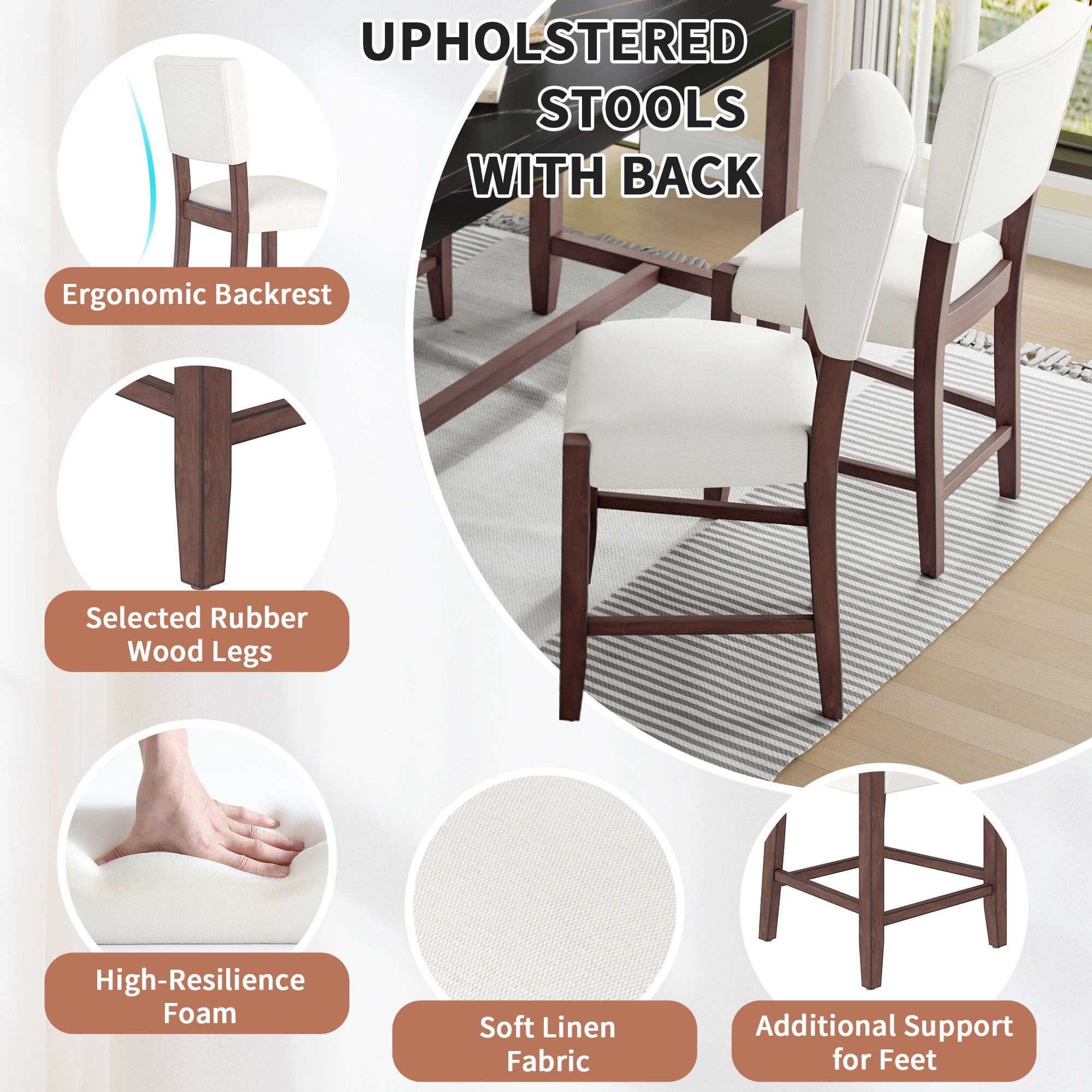 5 Piece Counter Height Dining Set, Bar Table With 4 Upholstered Chairs