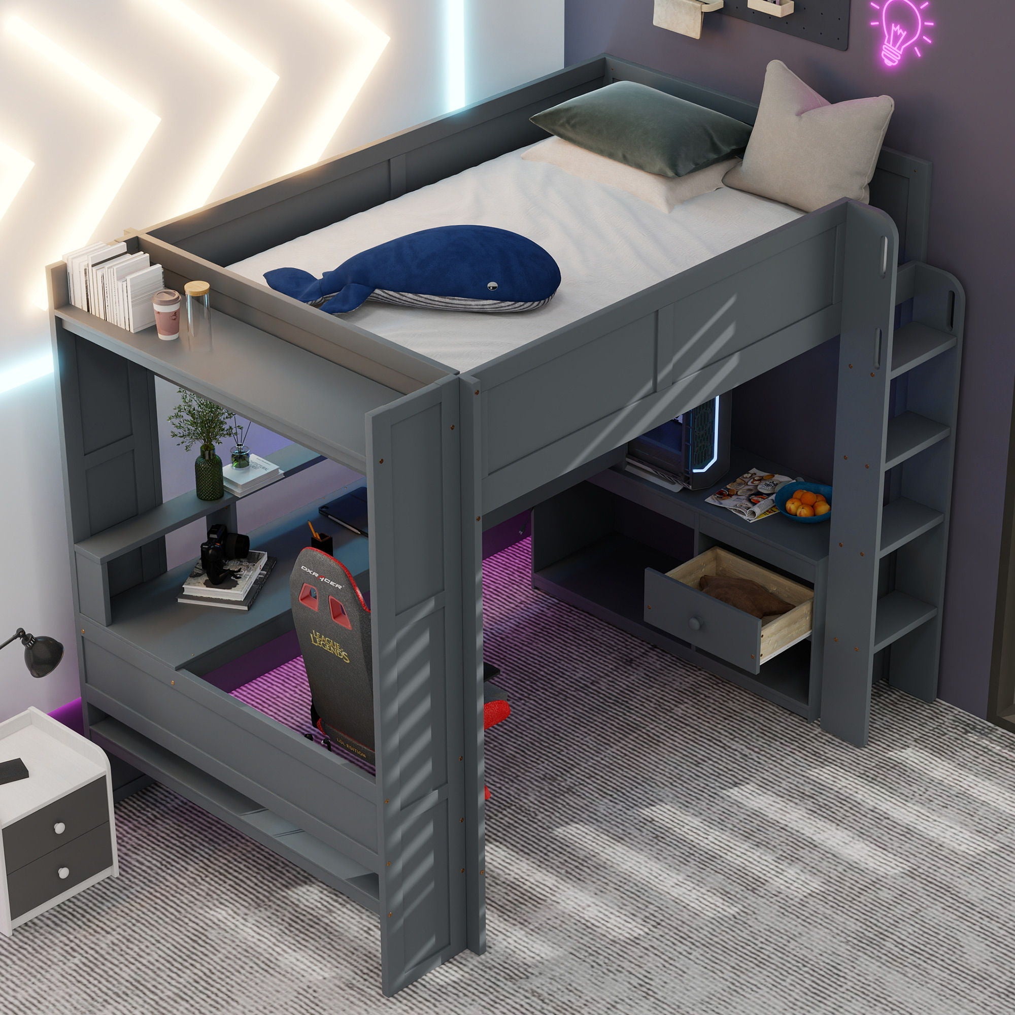 Gaming Loft Bed With Desk, Multi Storage Shelves, LED And Charging Station