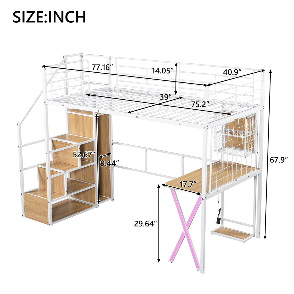 Loft Bed With Built In Work Station, Wardrobe, Storage Staircase And LED