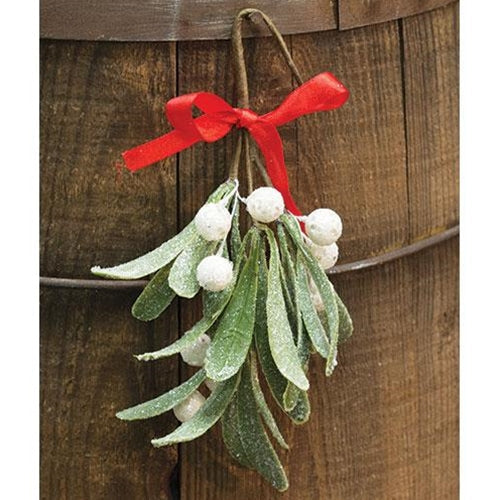 Glittered Mistletoe Pick 8" w/Red Ribbon (Pack of 4)