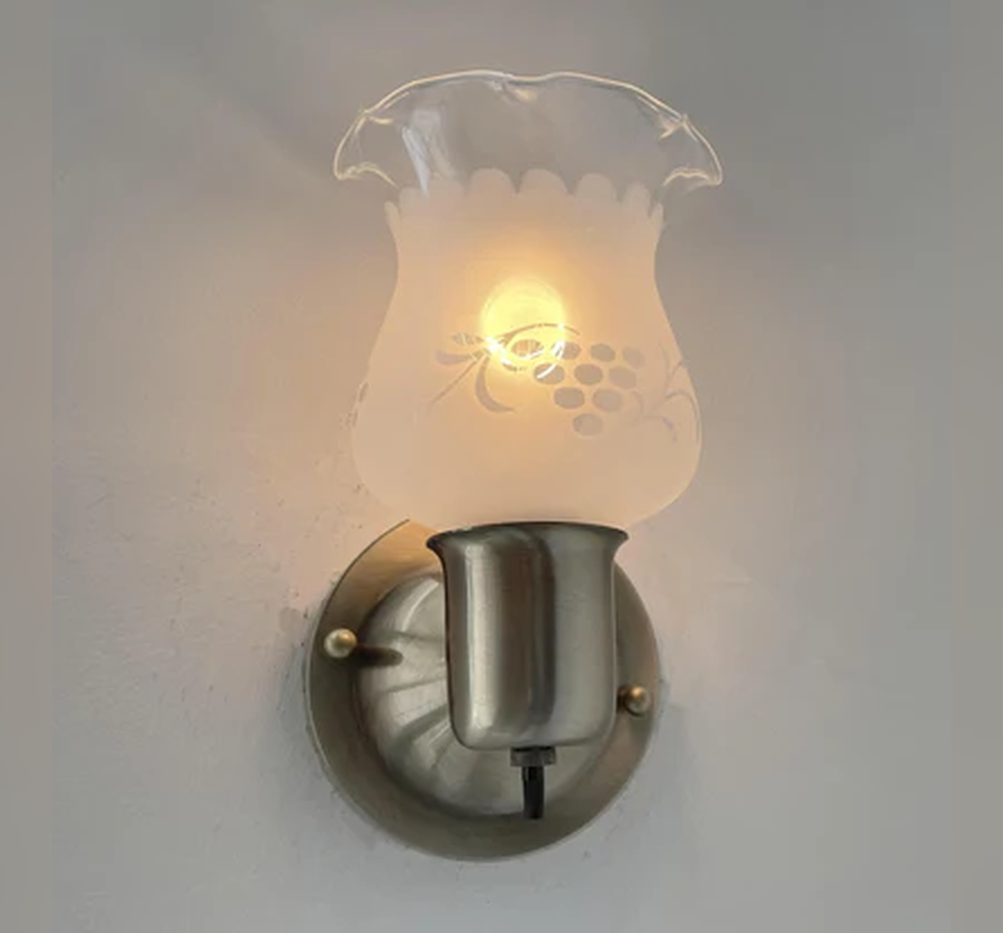 Etched Antique 1960's Glass Wall Sconce Light Fixture with On/Off Switch Antique Brass