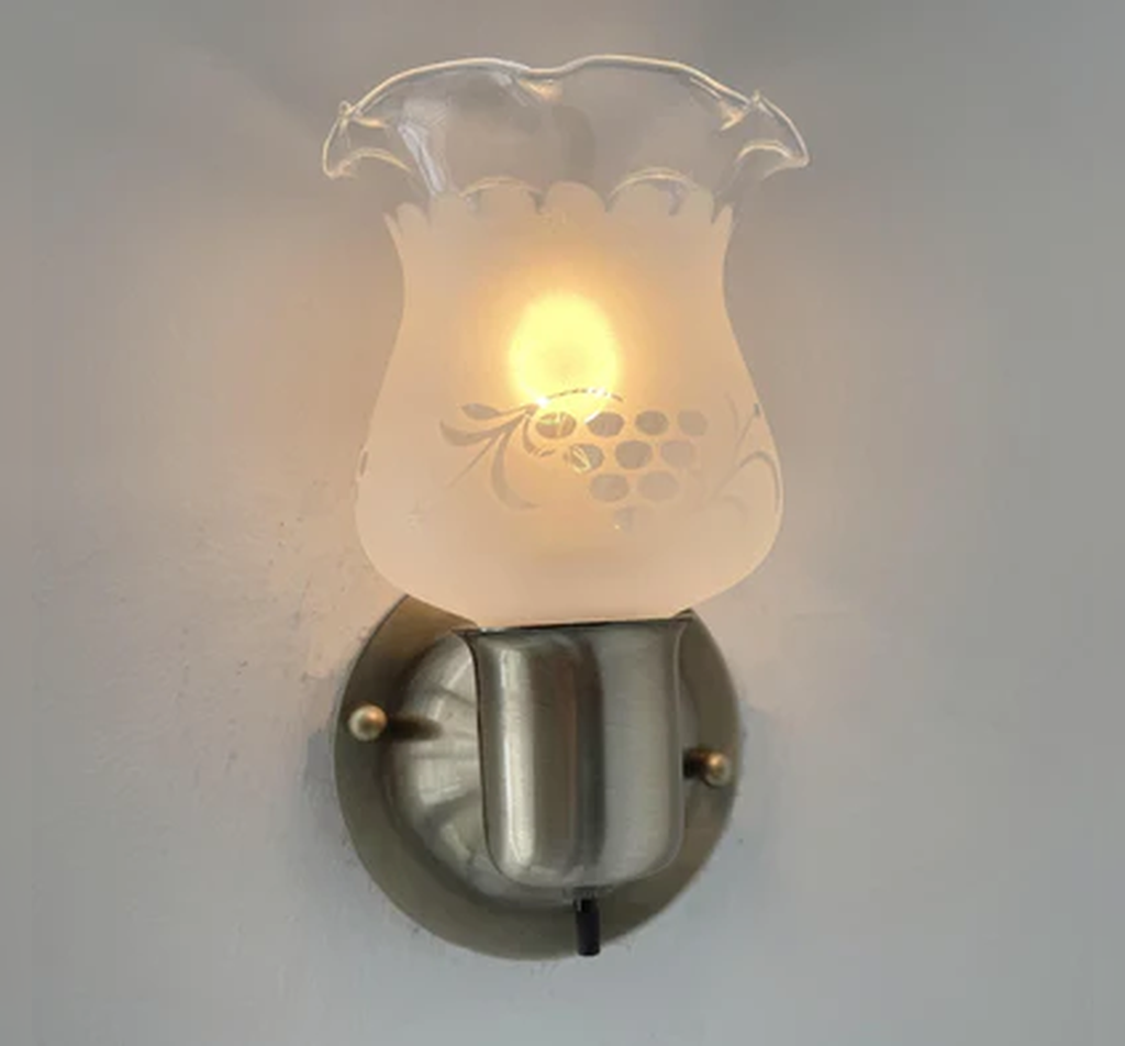 Etched Antique 1960's Glass Wall Sconce Light Fixture with On/Off Switch Antique Brass