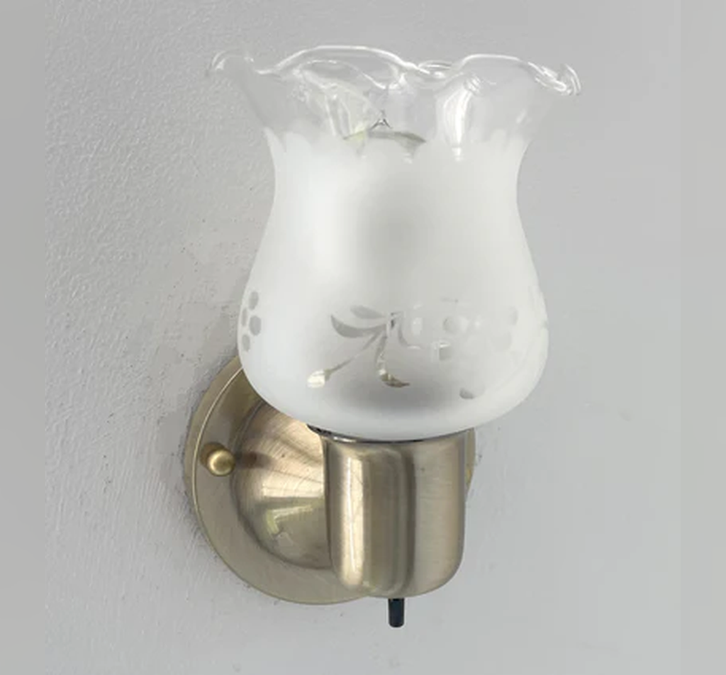 Etched Antique 1960's Glass Wall Sconce Light Fixture with On/Off Switch Antique Brass