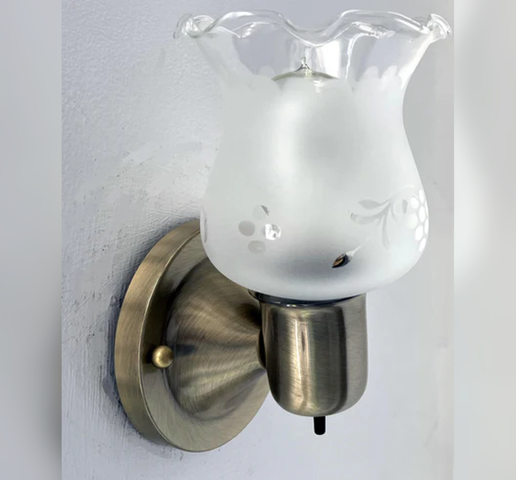 Etched Antique 1960's Glass Wall Sconce Light Fixture with On/Off Switch Antique Brass