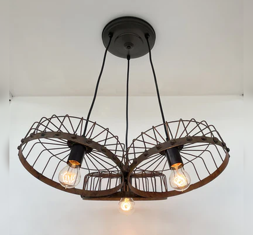 Rustic Industrial Wagon Wheel CHANDELIER TRIO Light