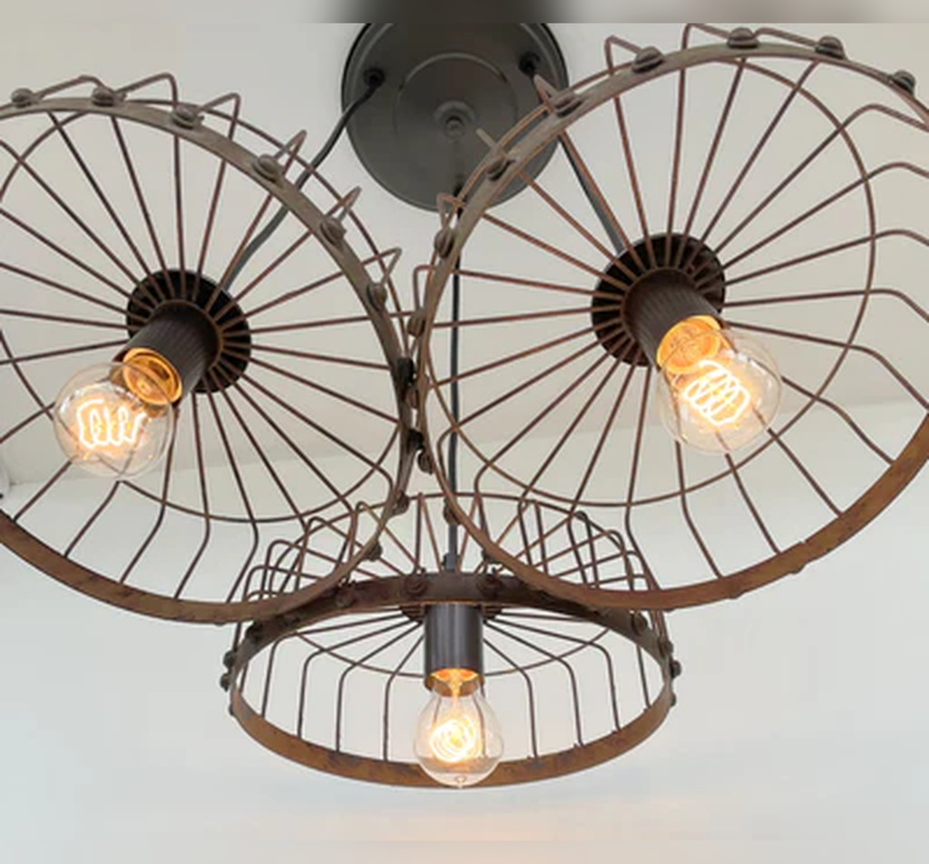 Rustic Industrial Wagon Wheel CHANDELIER TRIO Light