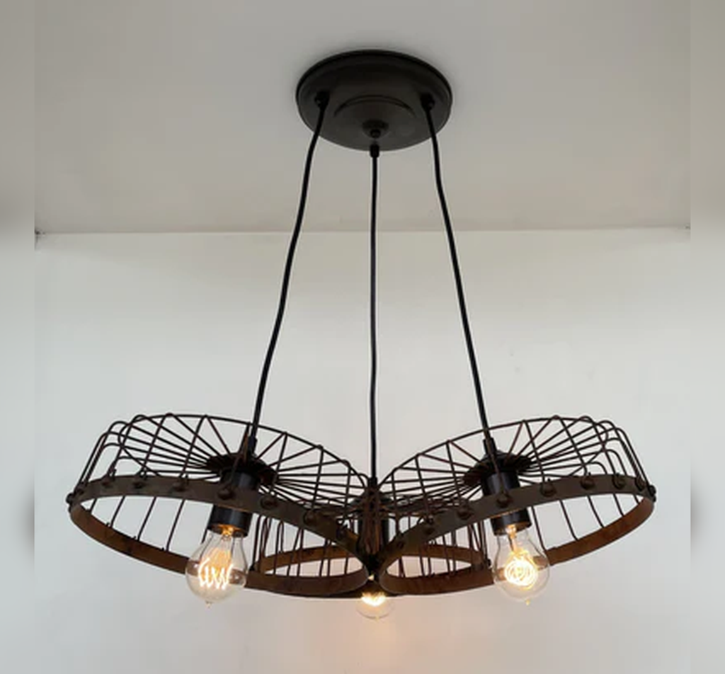 Rustic Industrial Wagon Wheel CHANDELIER TRIO Light