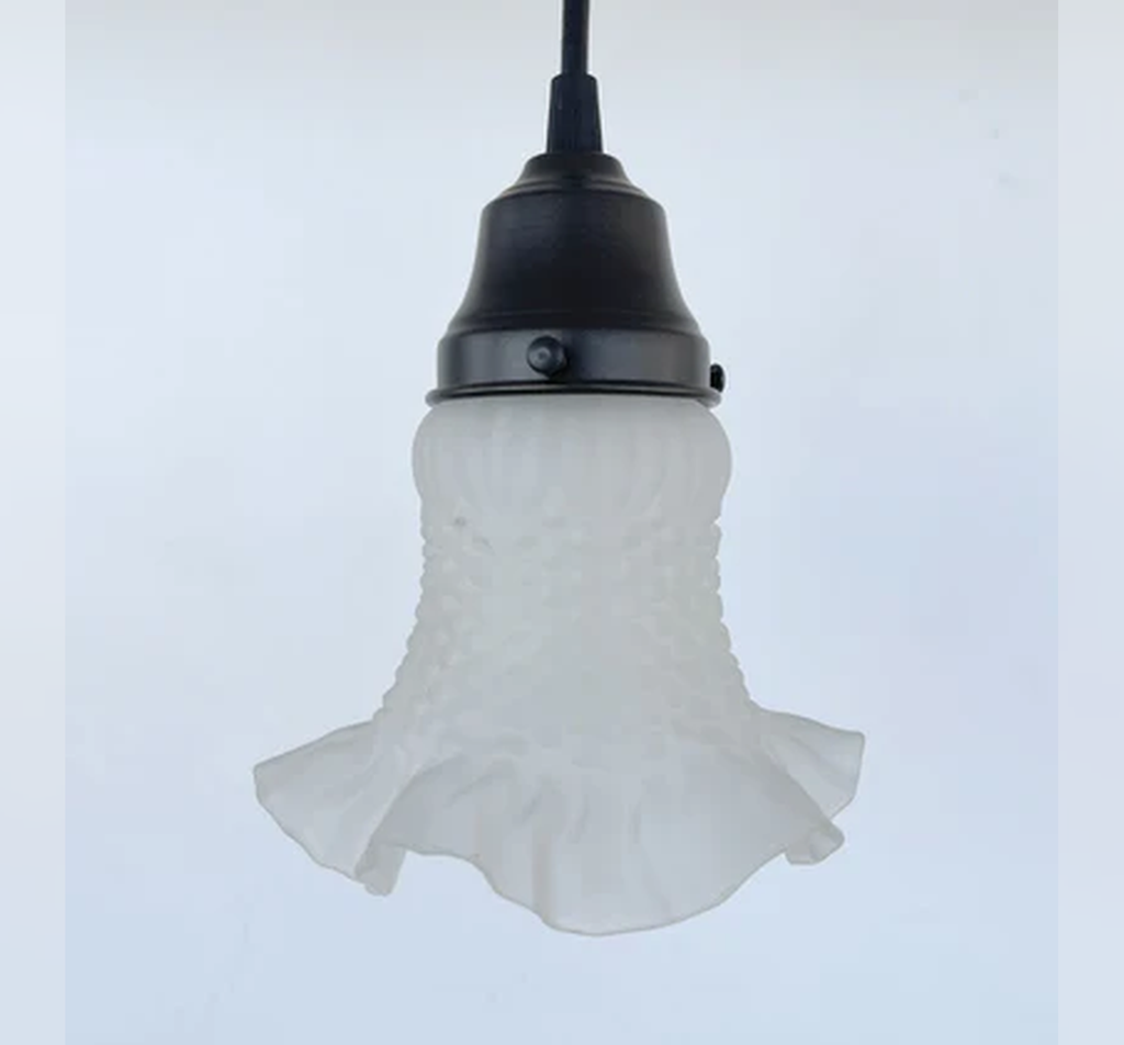 Delicate HOBNAIL RUFFLE 1950's Antique Frosted Glass Pendant