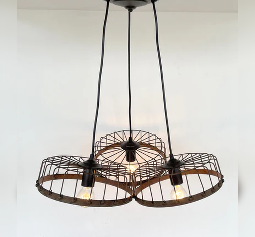 Rustic Industrial Wagon Wheel CHANDELIER TRIO Light